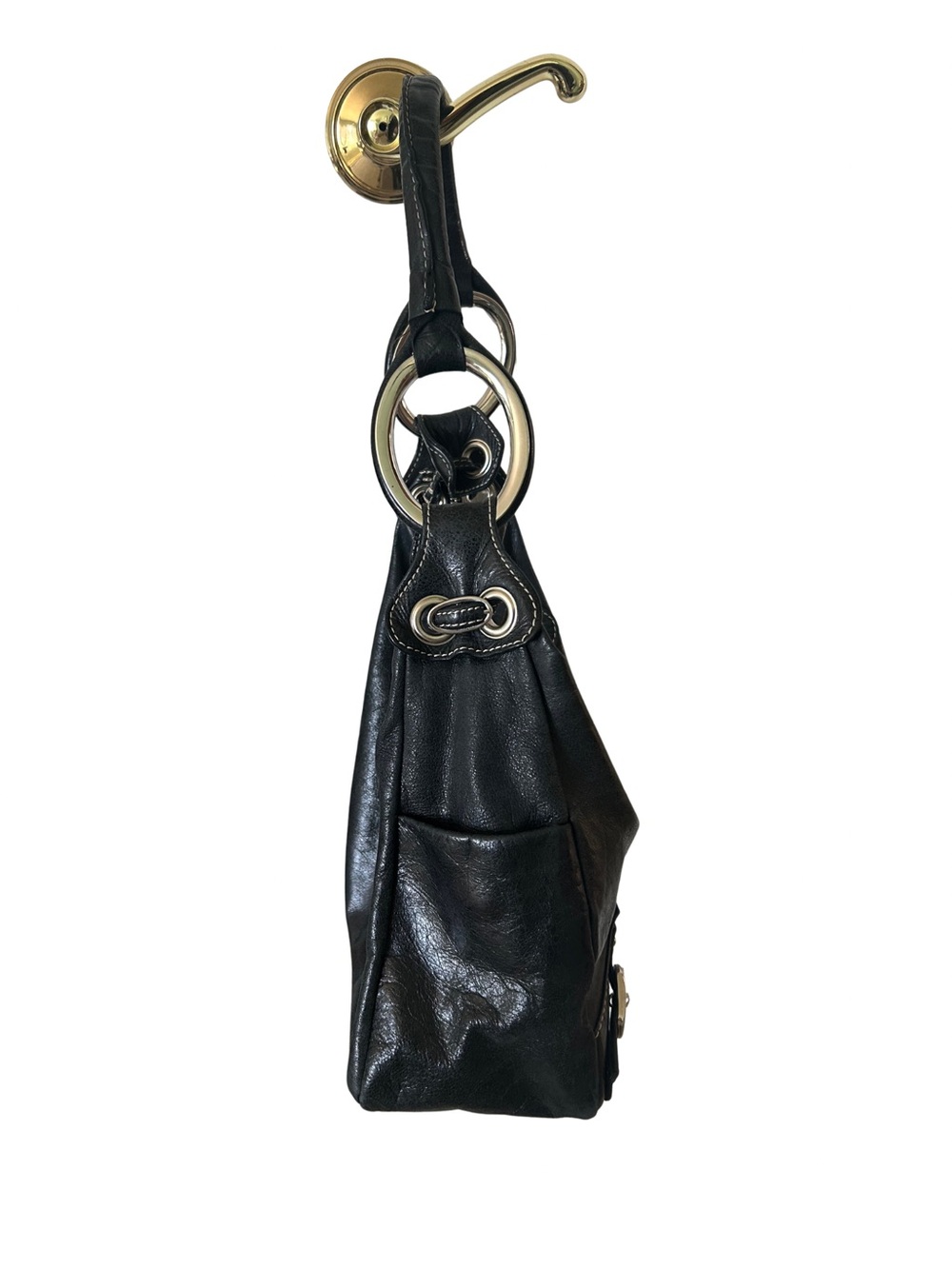 Helen Welsh Black Leather Moto Hobo Bag Y2K Ring Handle Slouchy Silver - Picture 6 of 8